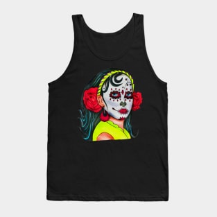 Dia De Los Muertos Skull Girl with Roses Tank Top